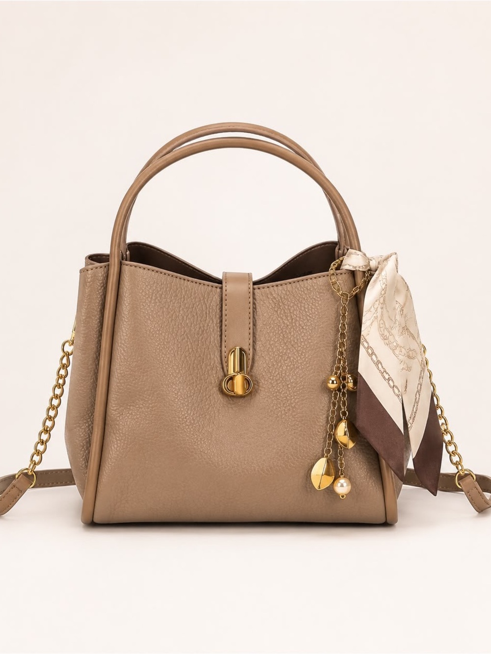 Taupe Pebbled Satchel with Gold Chain Charm and Scarf Accent